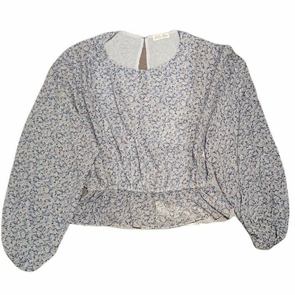 ‎LoveShackFancy Nellie Bluejay 100% Silk Top Floral Ruffle Jewel Blouse XS